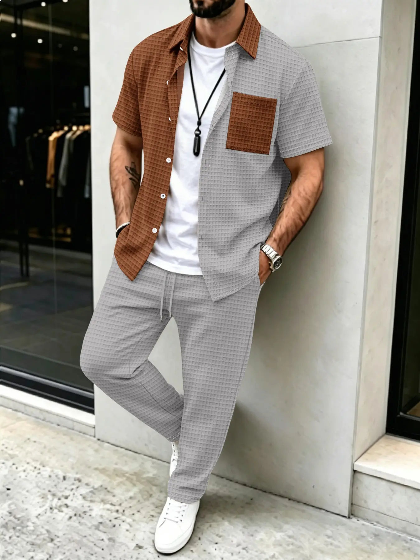 Mens Fashion Clothes - Erkek Düz Waffle Desenli Günlük, Renk
