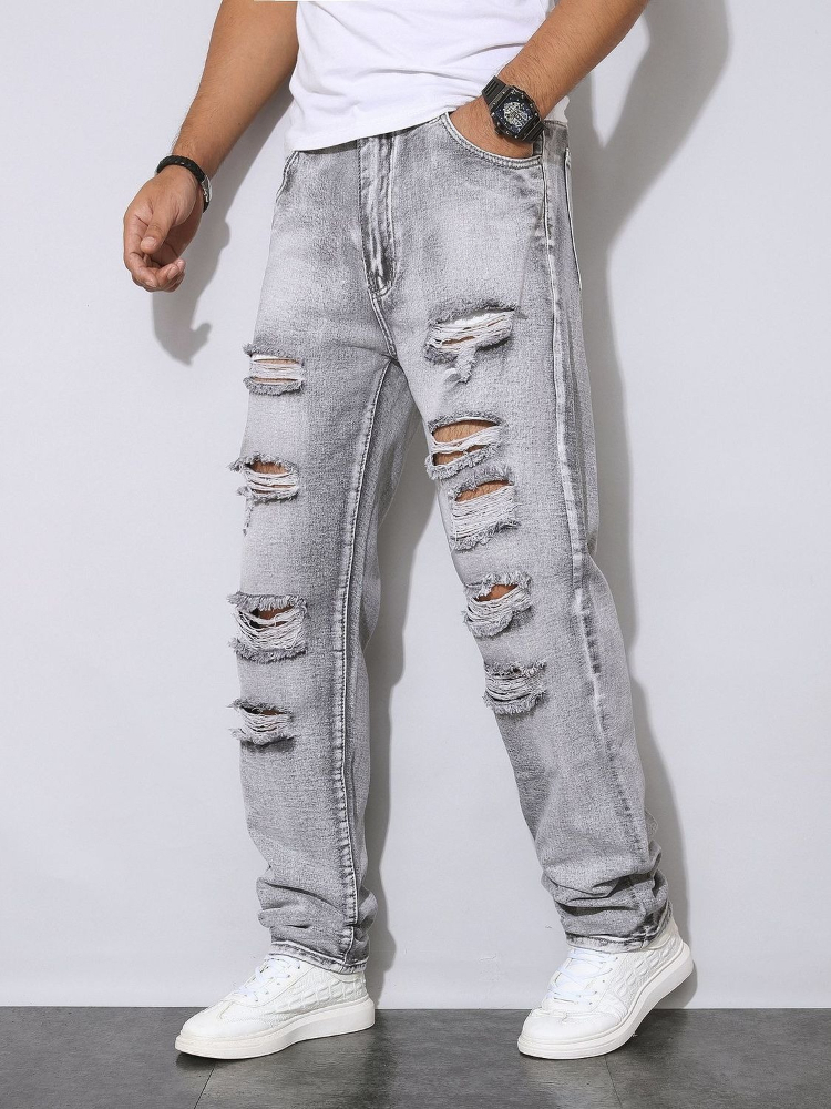 Men'S Fashion Grey Jeans - Erkek Sonbahar Kış Eskitilmiş Gri Denim