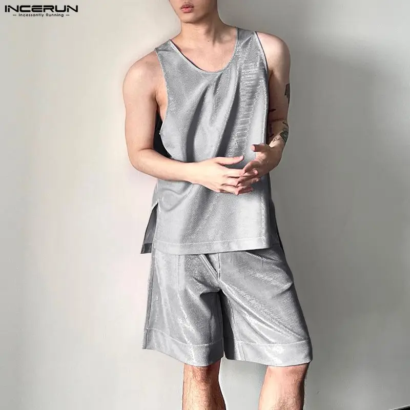 Mens Fashion Summer - INCERUN erkek Setleri Parlak Katı O-boyun