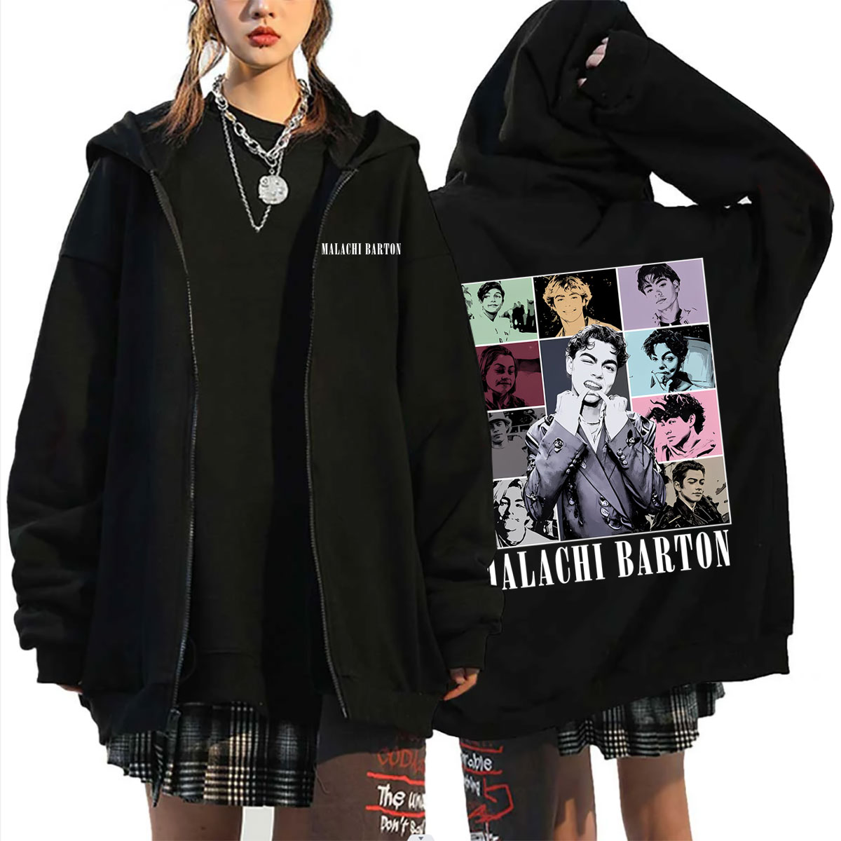Mens Fashion Zip Up Hoodies - Malachi Barton Grafik Fermuarlı Kapüşonlu Üst
