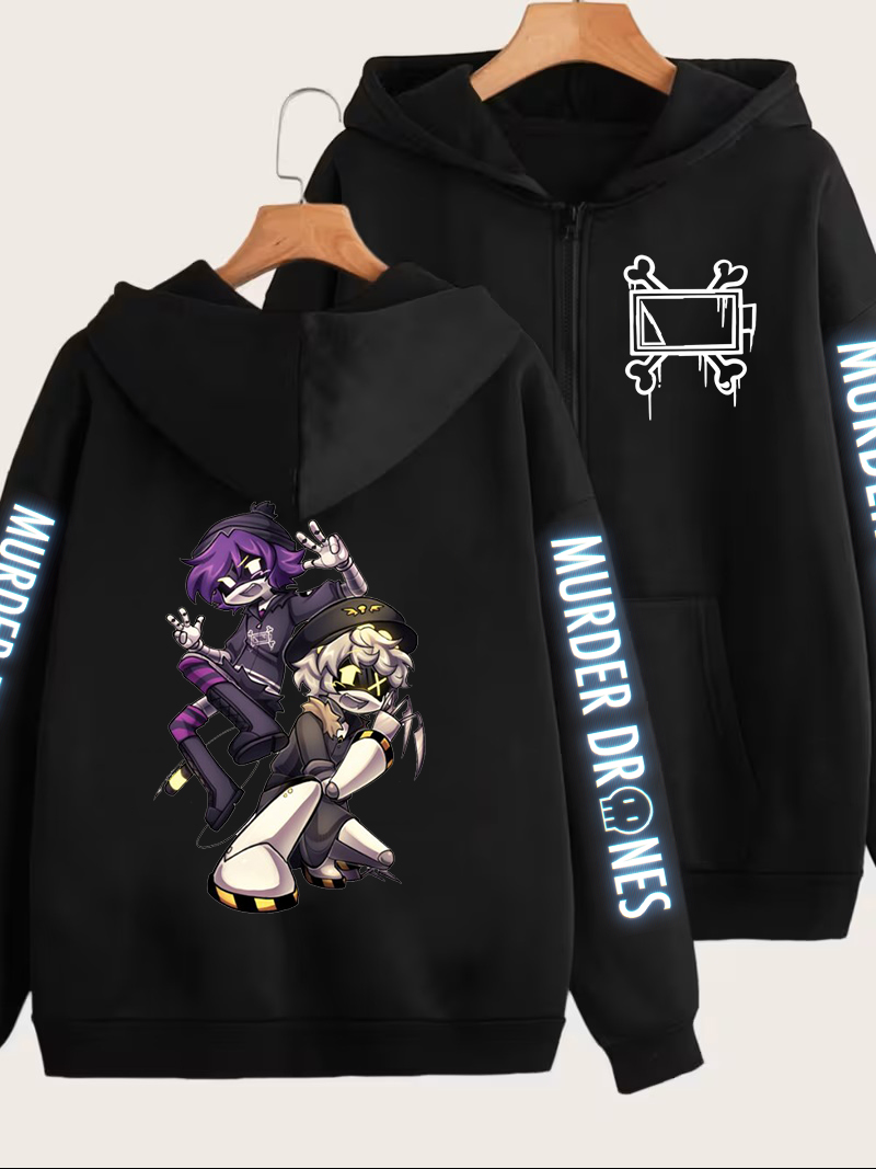 Mens Fashion Zip Up Hoodies - Cinayet Droneları Grafik Baskılı Fermuarlı Kapüşonlu