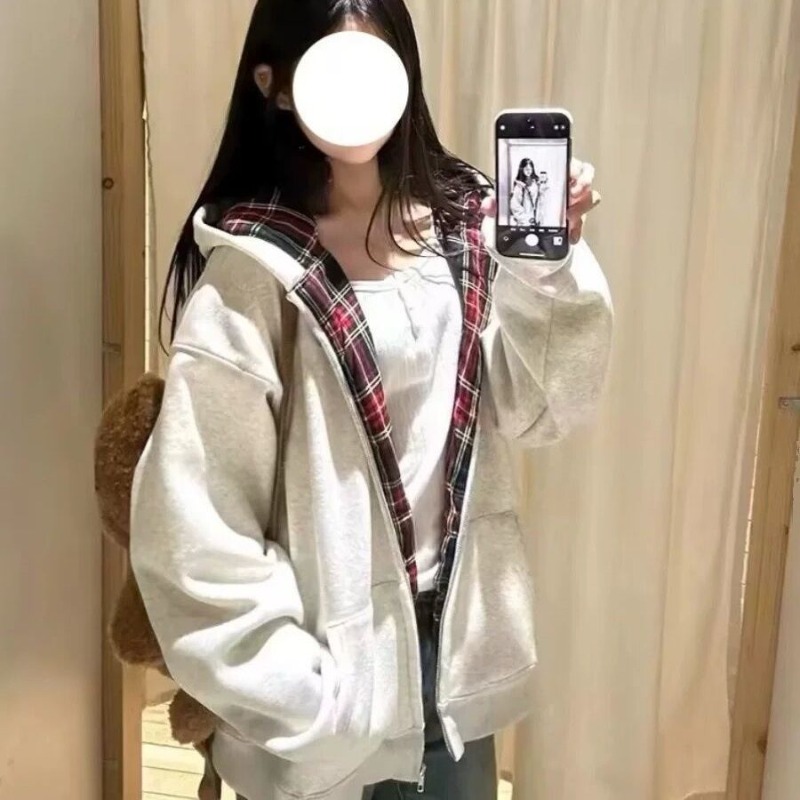 Mens Fashion Zip Up Hoodies - 2026 Sonbahar Yeni Ekose Astarlı Gevşek