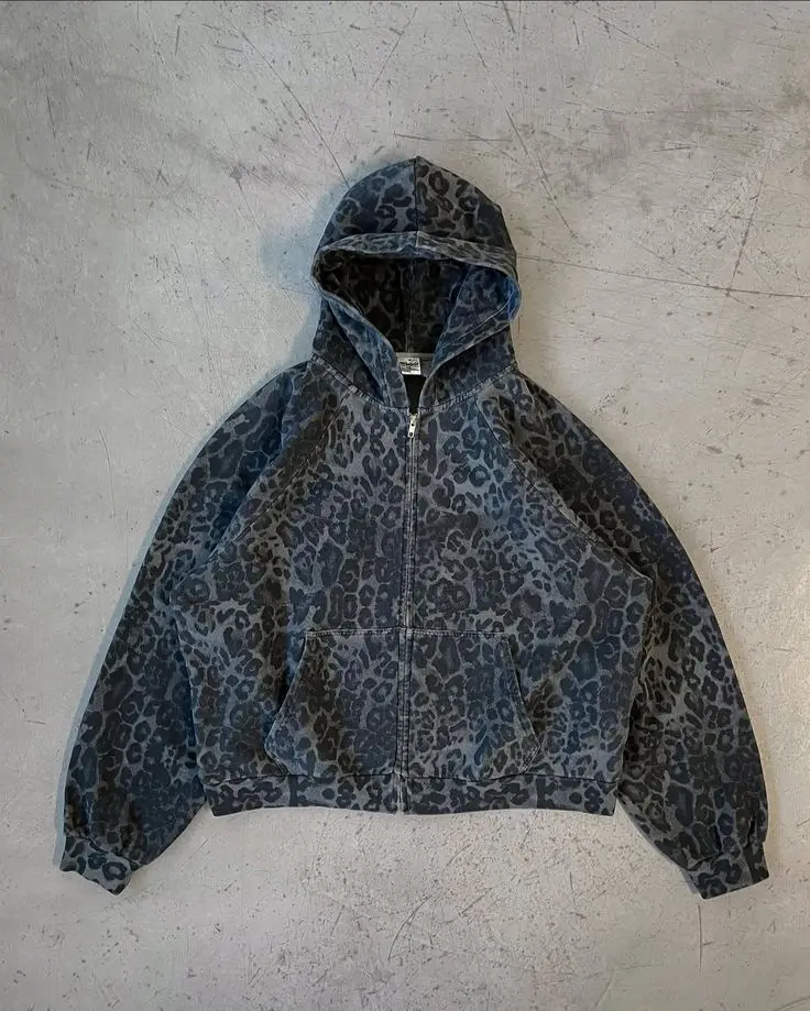 Retro Y2K Leopar Desenli Fermu - Mens Fashion Zip Up Hoodies incelemesi ve fiyatı